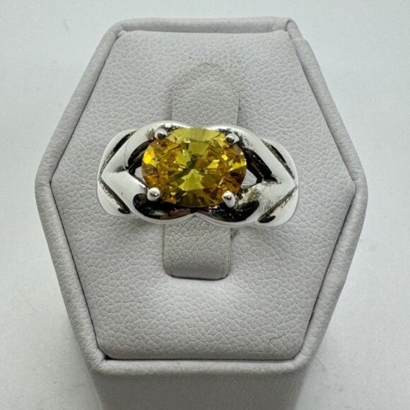 Sterling Silver Diamonique Oval Yellow CZ Ring size 8 Ribbed Sides .925 Vintage - Picture 2 of 10